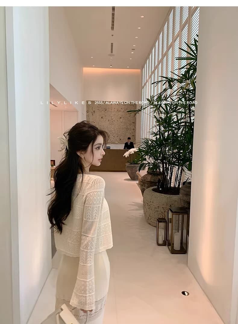 lilylikes 여름 오래된 돈 휴가 센스 상쾌 부드러운 마 센스 홀로우 아웃 조끼 스커트 오픈 가디건 투피스 세트 상세 이미지 25