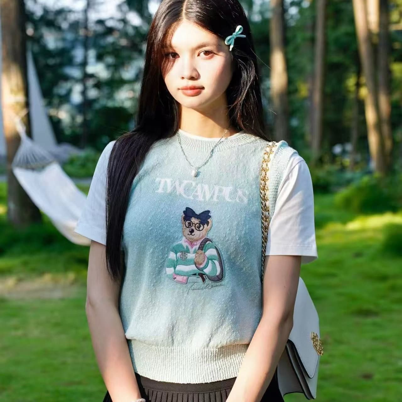 주 주 추 같은 단락 여성 의류 한 부서 연령 감소 학원 스타일 슈퍼 귀여운 맨위 여름 작은 곰 자수 페이크 레이어드 티셔츠 이미지 2