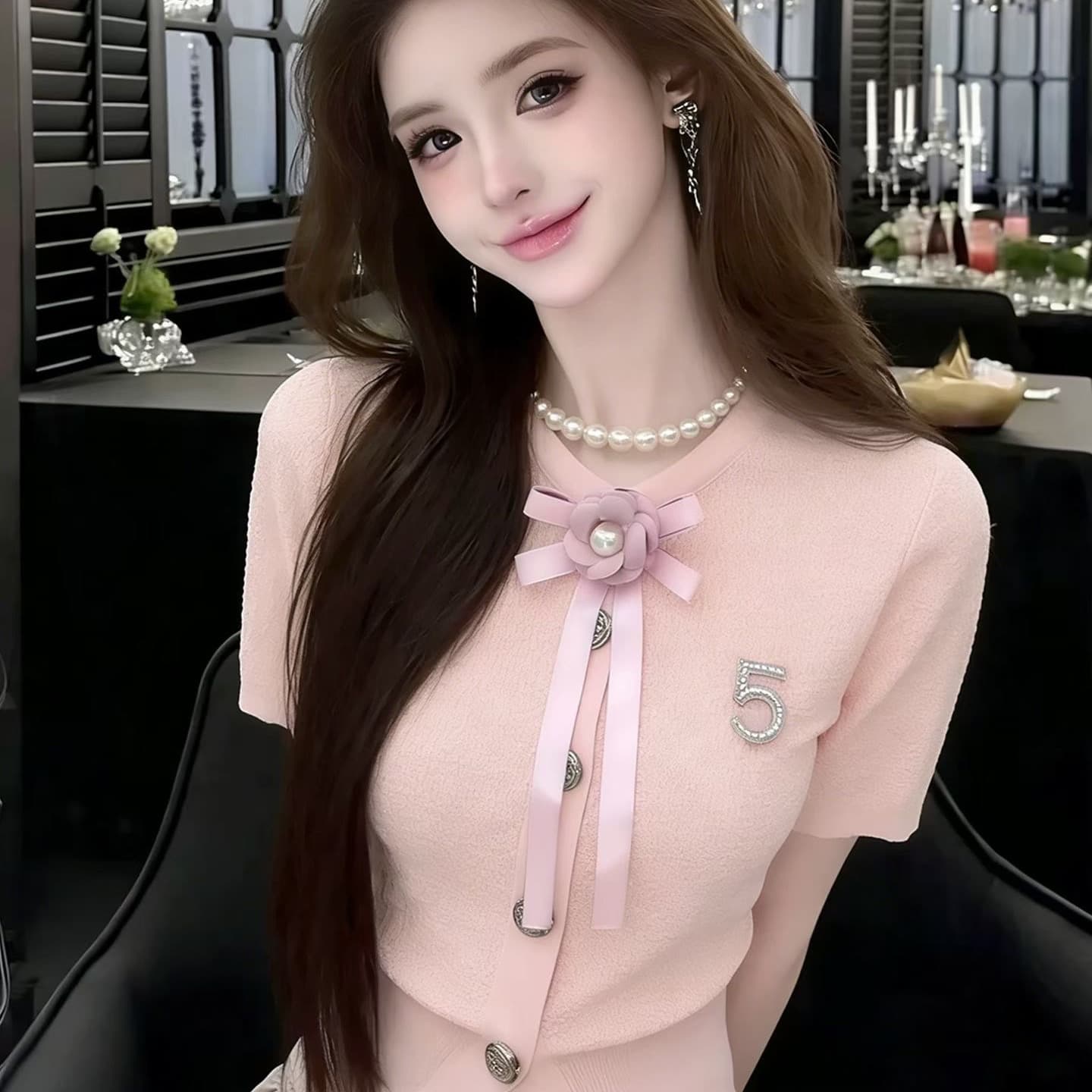 lym studio 부드러운 한 부서 바람 폴로 칼라 반팔 니트 스웨터 여성 나비 매듭 품격 맨위 작은 샤넬 스타일 이미지 3
