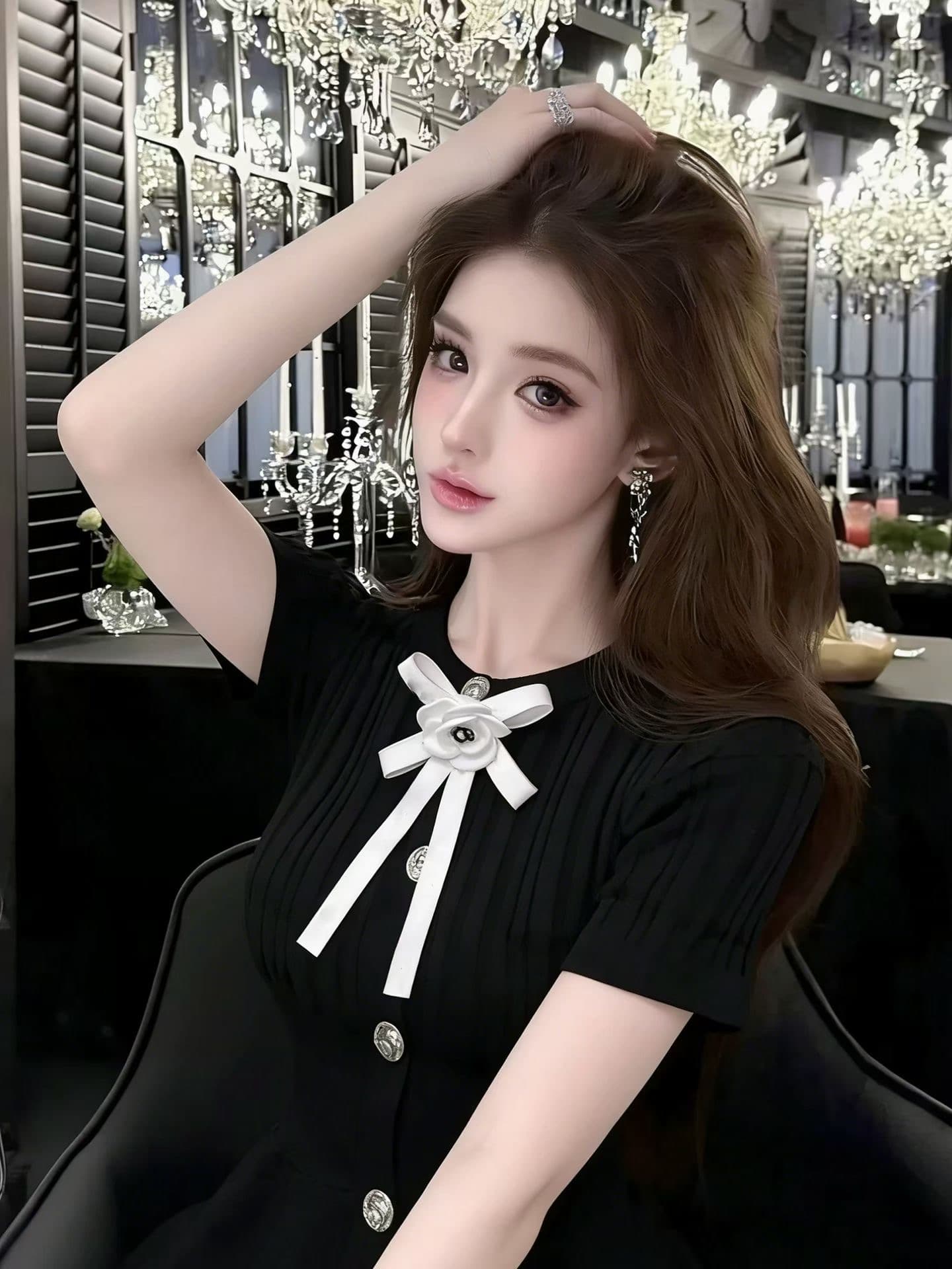 lym studio 부드러운 한 부서 바람 폴로 칼라 반팔 니트 스웨터 여성 나비 매듭 품격 맨위 작은 샤넬 스타일 상세 이미지 5