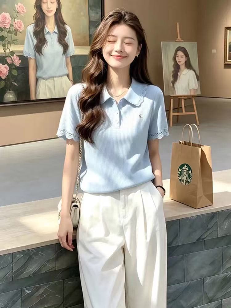 한 부서 레이스 조각 반팔 POLO 칼라 니트 스웨터 여성 2026 여름 새로운 부드러운 연령 감소 티셔츠 맨위 이미지 4