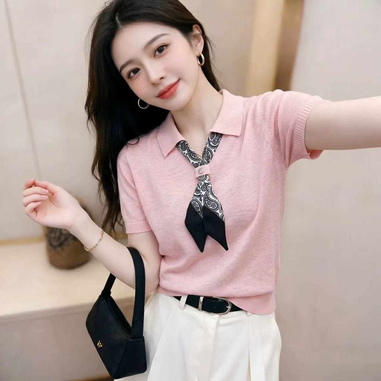 여름 새로운 디자인 센스 경기 스카프 나비 넥타이 폴로 칼라 대나무 마디 마 얇은 스타일 니트 스웨터 여성용 짧은 소매 루즈핏 맨위 트렌디 이미지 5