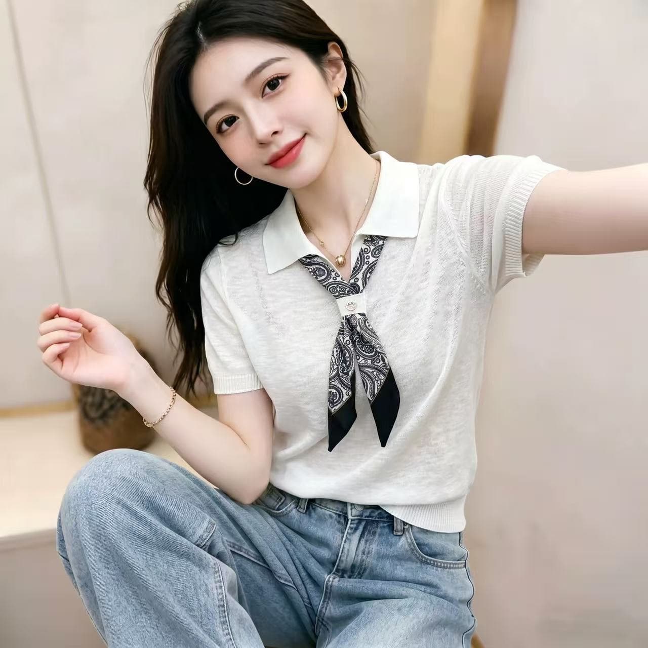 여름 새로운 디자인 센스 경기 스카프 나비 넥타이 폴로 칼라 대나무 마디 마 얇은 스타일 니트 스웨터 여성용 짧은 소매 루즈핏 맨위 트렌디 상세 이미지 5