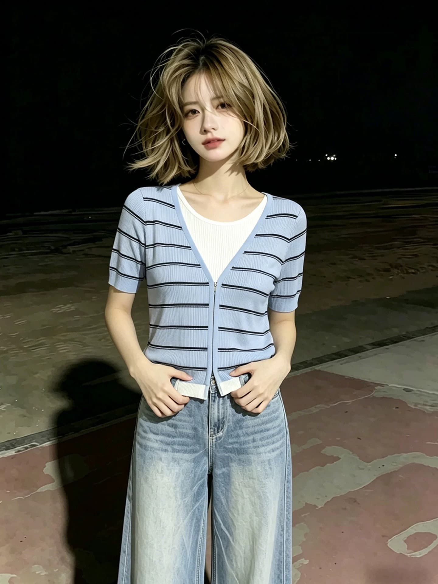 블루 화이트 패치워크 페이크 레이어드 라운드 넥 스트라이프 반팔 티셔츠 여성 2026 여름 도파민 튀김 거리 그레이트 봐. 의류 이미지 2