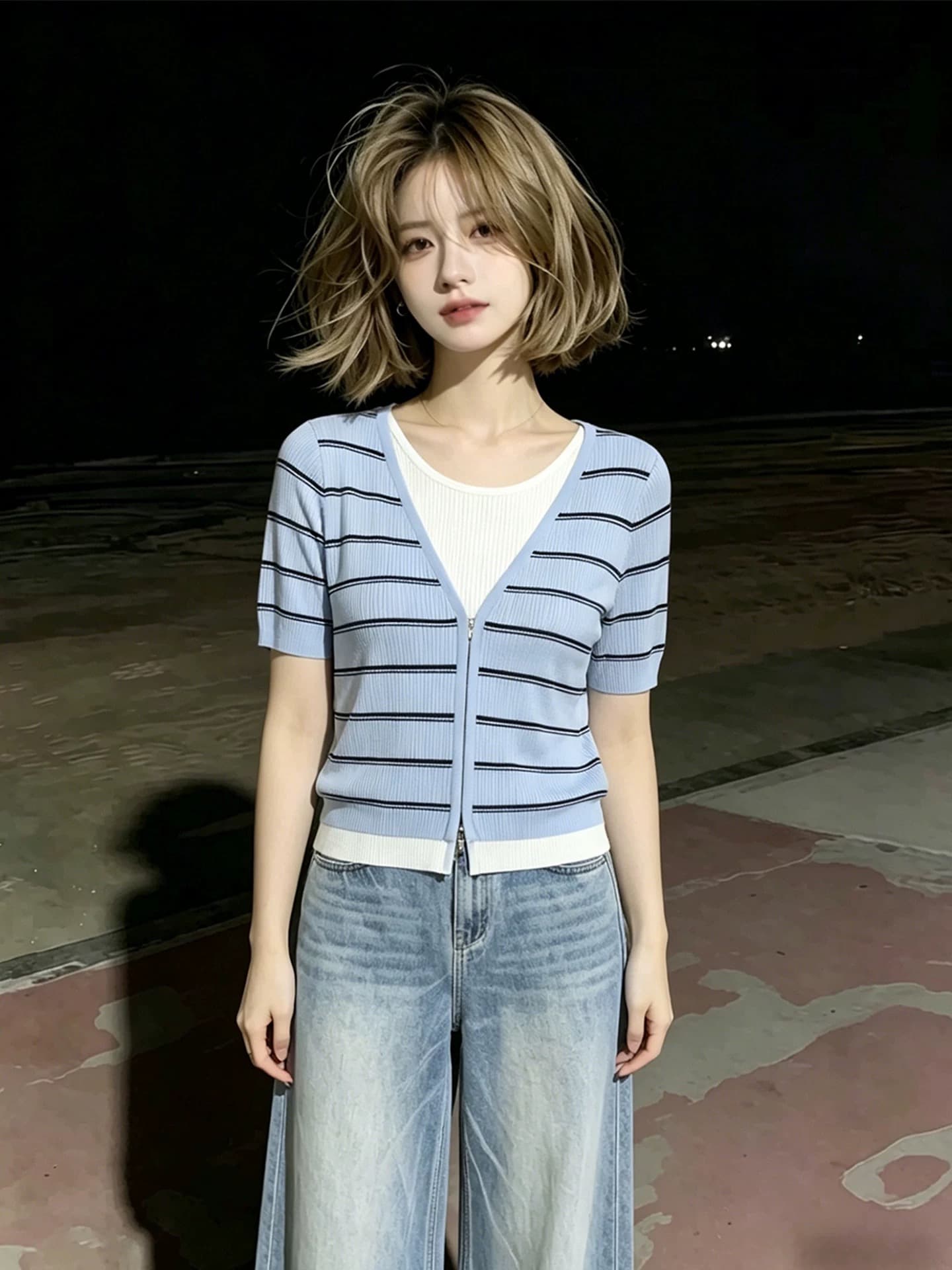 블루 화이트 패치워크 페이크 레이어드 라운드 넥 스트라이프 반팔 티셔츠 여성 2026 여름 도파민 튀김 거리 그레이트 봐. 의류 상세 이미지 1