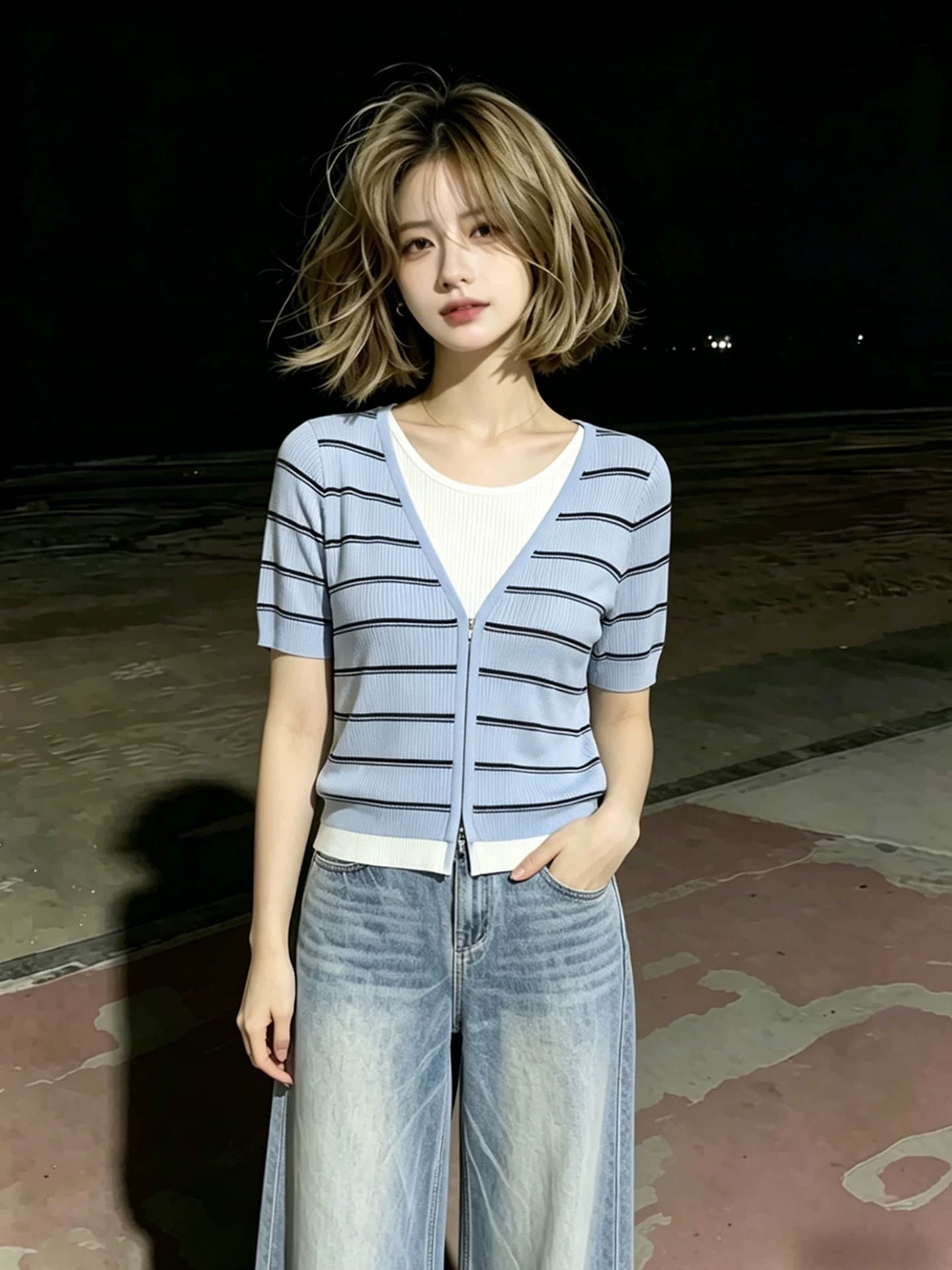 블루 화이트 패치워크 페이크 레이어드 라운드 넥 스트라이프 반팔 티셔츠 여성 2026 여름 도파민 튀김 거리 그레이트 봐. 의류 상세 이미지 3