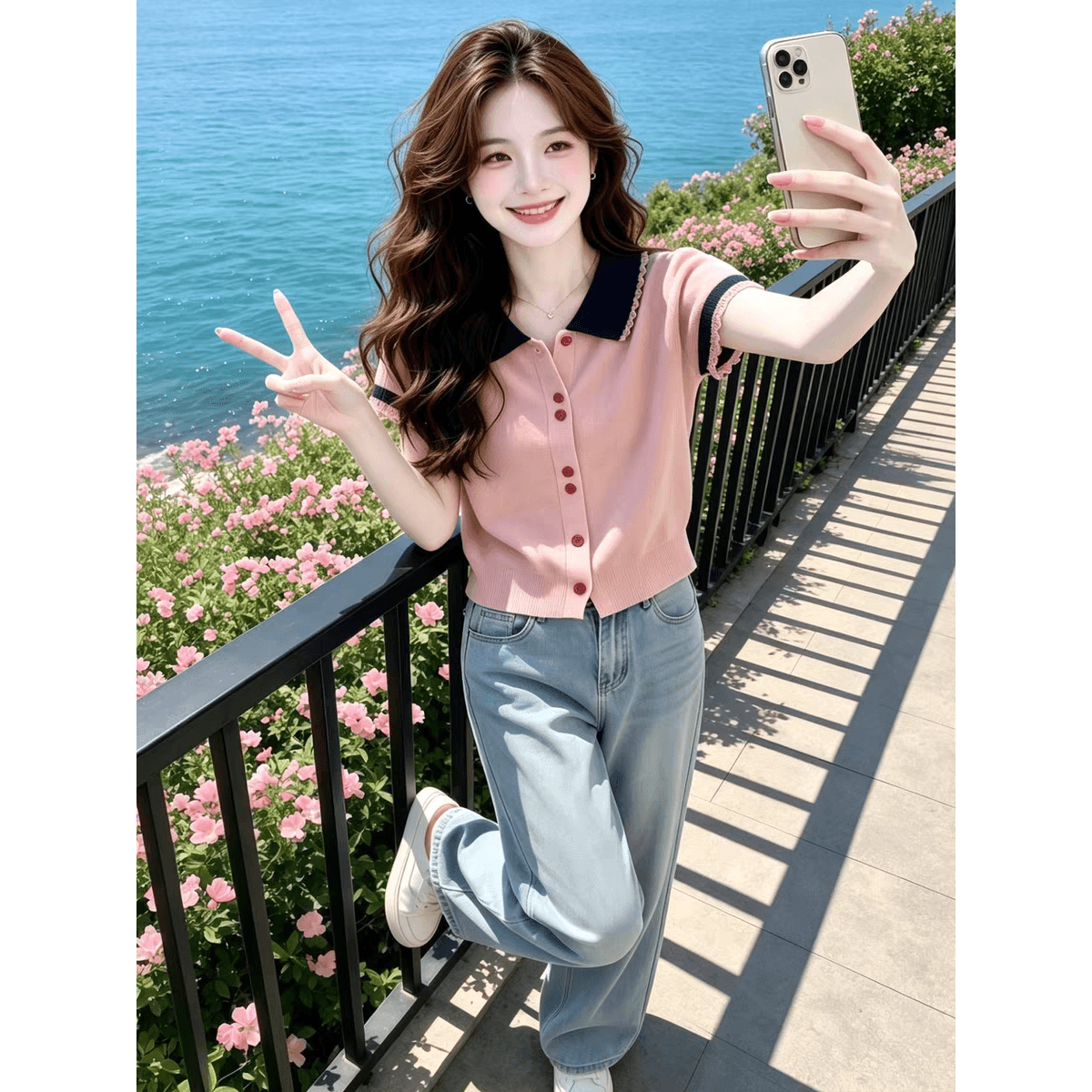 핑크색 POLO 칼라 단추 레이스 싱글 줄 버튼 반팔 티셔츠 여성 2026 새로운 여름 해변가 도파민 맨위 이미지 5