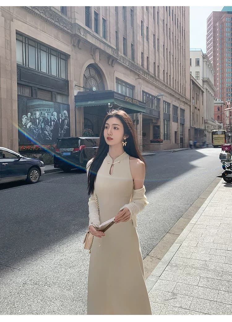 2026 새로운 중식 국풍 단추 여성 드레스 여름 민소매 조끼 스커트 몸매 가꾸기 한 마디 니트 롱 스커트 상세 이미지 8