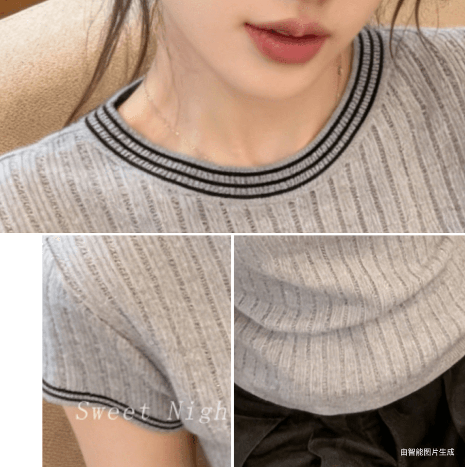 여름 출퇴근 몸매 가꾸기 라운드 넥 배색 스트라이프 반팔 니트 스웨터 여성 회색 디자인 센스 패션 미니멀리즘 맨위 여성 상세 이미지 7