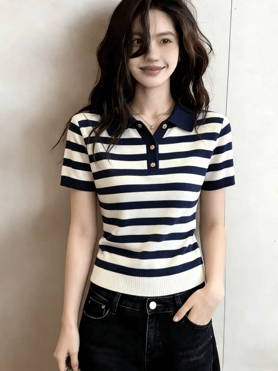 표지 배 스트라이프 POLO 칼라 얼음 실크 짧은 소매 위버 봄 여름 얇은 스타일 트렌드 티셔츠 루즈핏 맨위