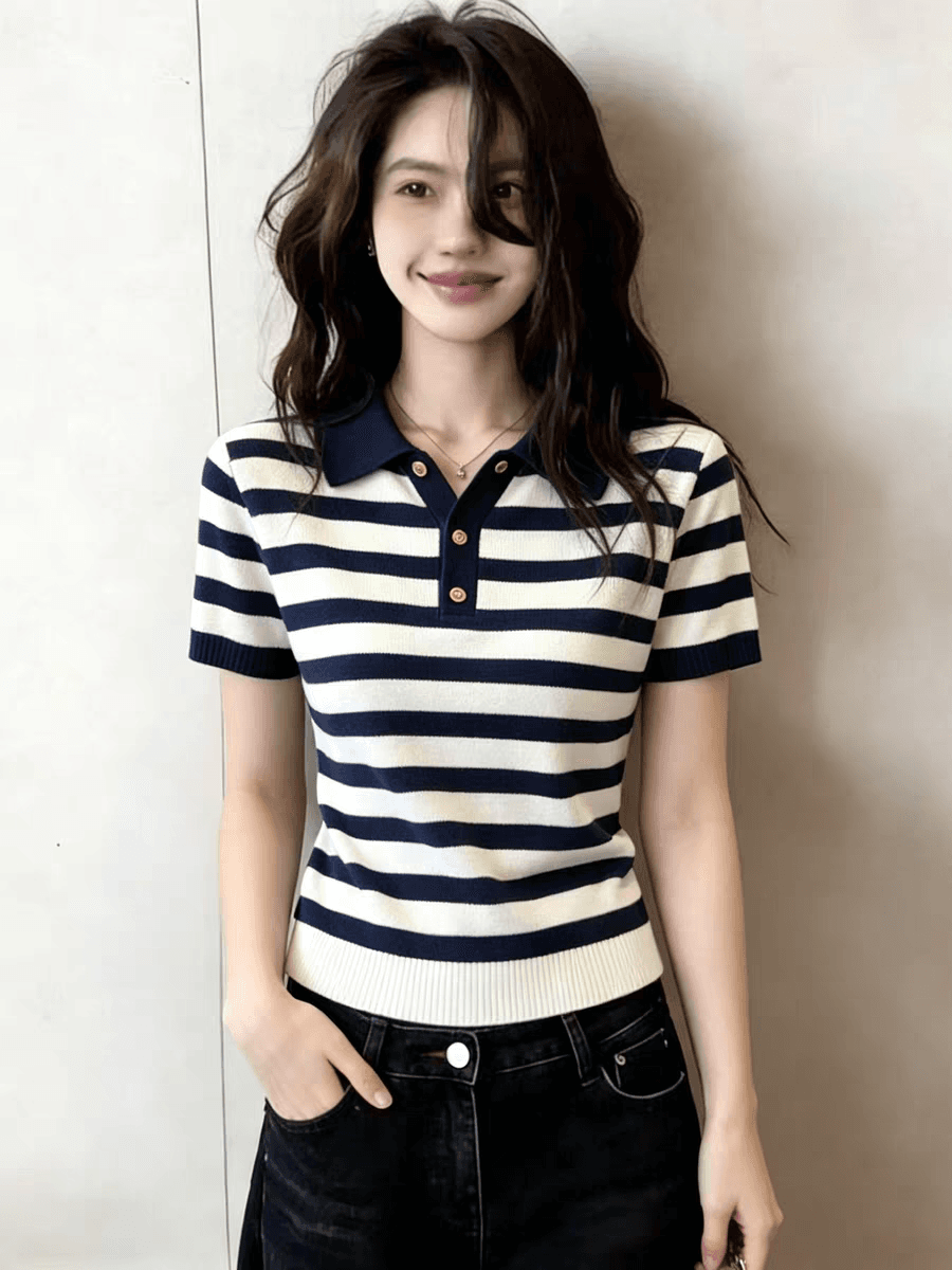 표지 배 스트라이프 POLO 칼라 얼음 실크 짧은 소매 위버 봄 여름 얇은 스타일 트렌드 티셔츠 루즈핏 맨위 이미지 2