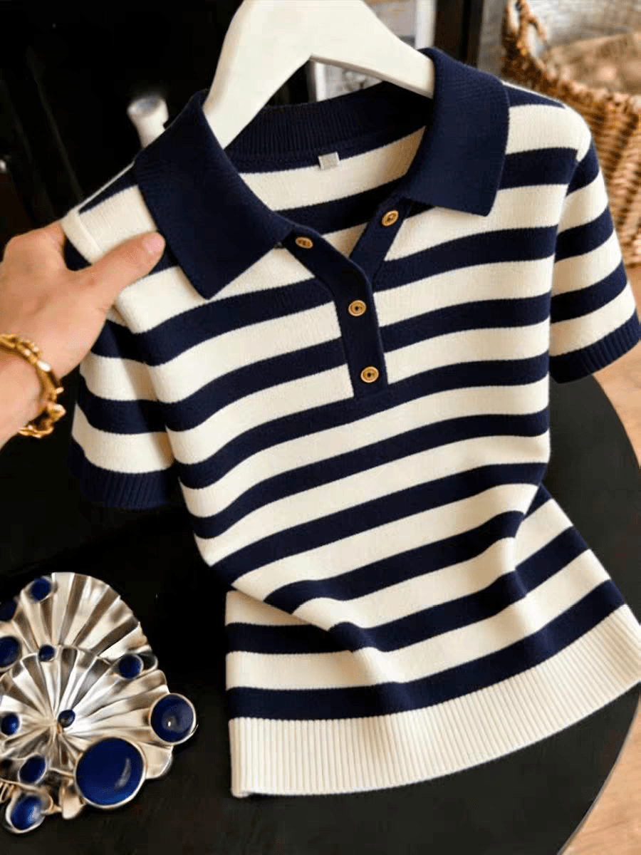 표지 배 스트라이프 POLO 칼라 얼음 실크 짧은 소매 위버 봄 여름 얇은 스타일 트렌드 티셔츠 루즈핏 맨위 이미지 4