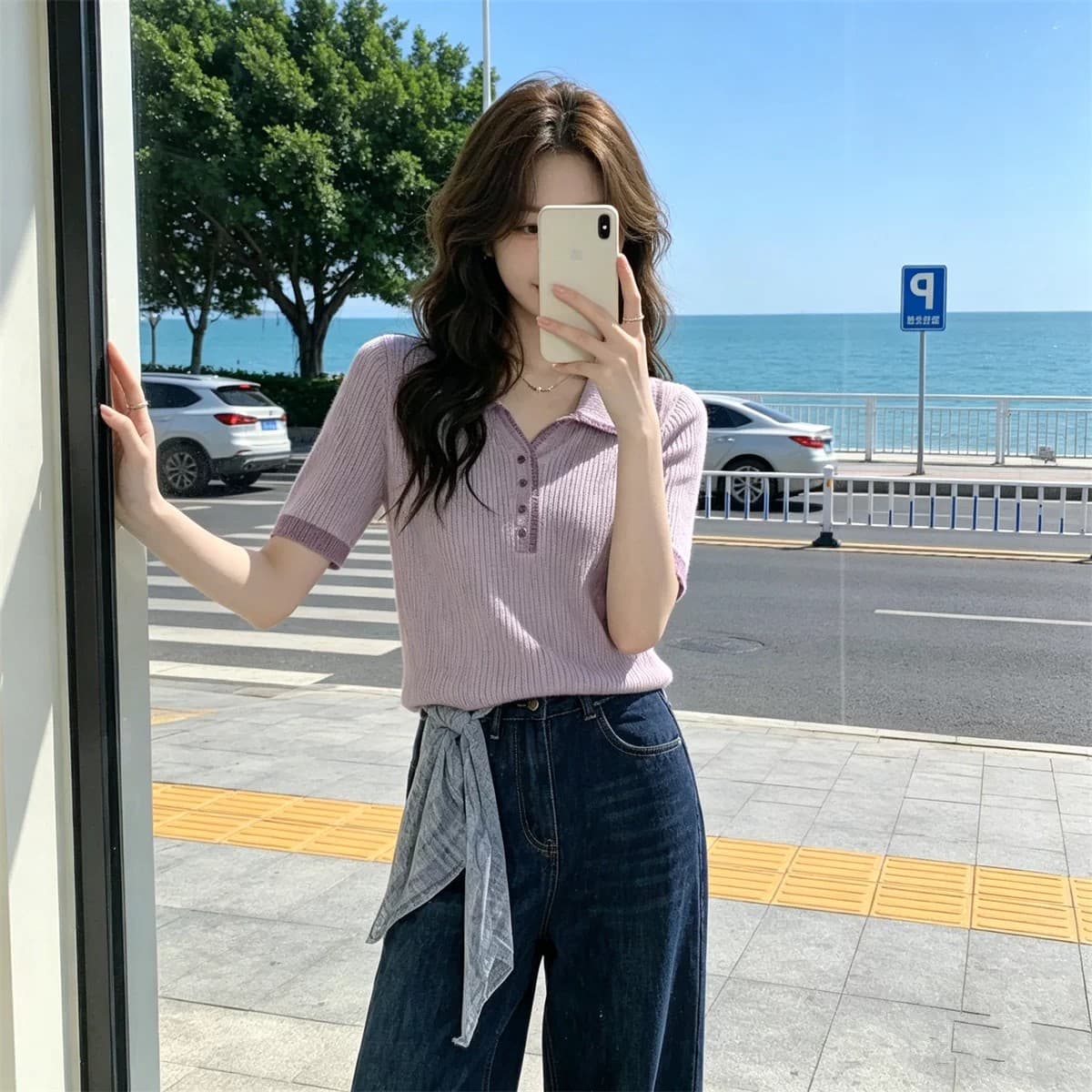 보라색 V넥 반팔 니트 스웨터 여성 여름 2026 새로운 배색 디자인 센스 POLO 칼라 외출용 긍정적 인 어깨 의류 상세 이미지 4