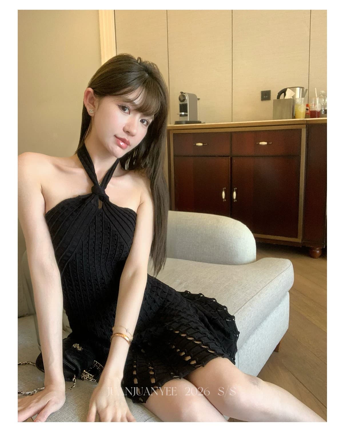 juanjuanyeesimkh 사설 서비스 치마 십자가 비틀림 행침 목 훅 니트 홀로우 아웃 민소매 드레스 상세 이미지 7
