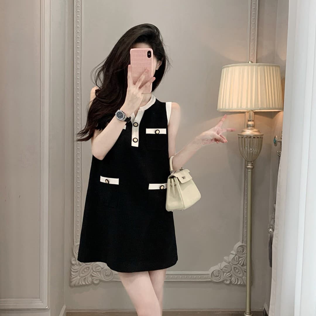 프랑스식 작은 샤넬 스타일 민소매 니트 여성 드레스 부유 한 가족 천 골드 슬림해 보이는 품격 그는 벤 바람 한 마디 조끼 스커트 이미지 2