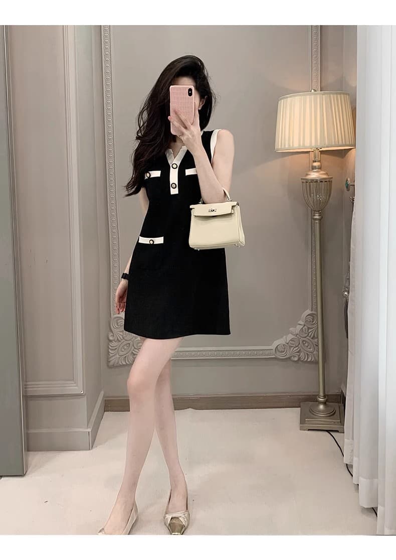 프랑스식 작은 샤넬 스타일 민소매 니트 여성 드레스 부유 한 가족 천 골드 슬림해 보이는 품격 그는 벤 바람 한 마디 조끼 스커트 상세 이미지 3