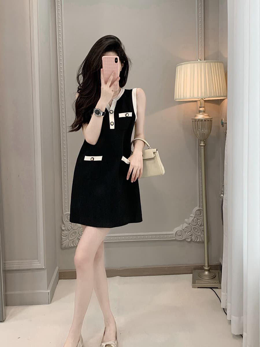 프랑스식 작은 샤넬 스타일 민소매 니트 여성 드레스 부유 한 가족 천 골드 슬림해 보이는 품격 그는 벤 바람 한 마디 조끼 스커트 상세 이미지 4