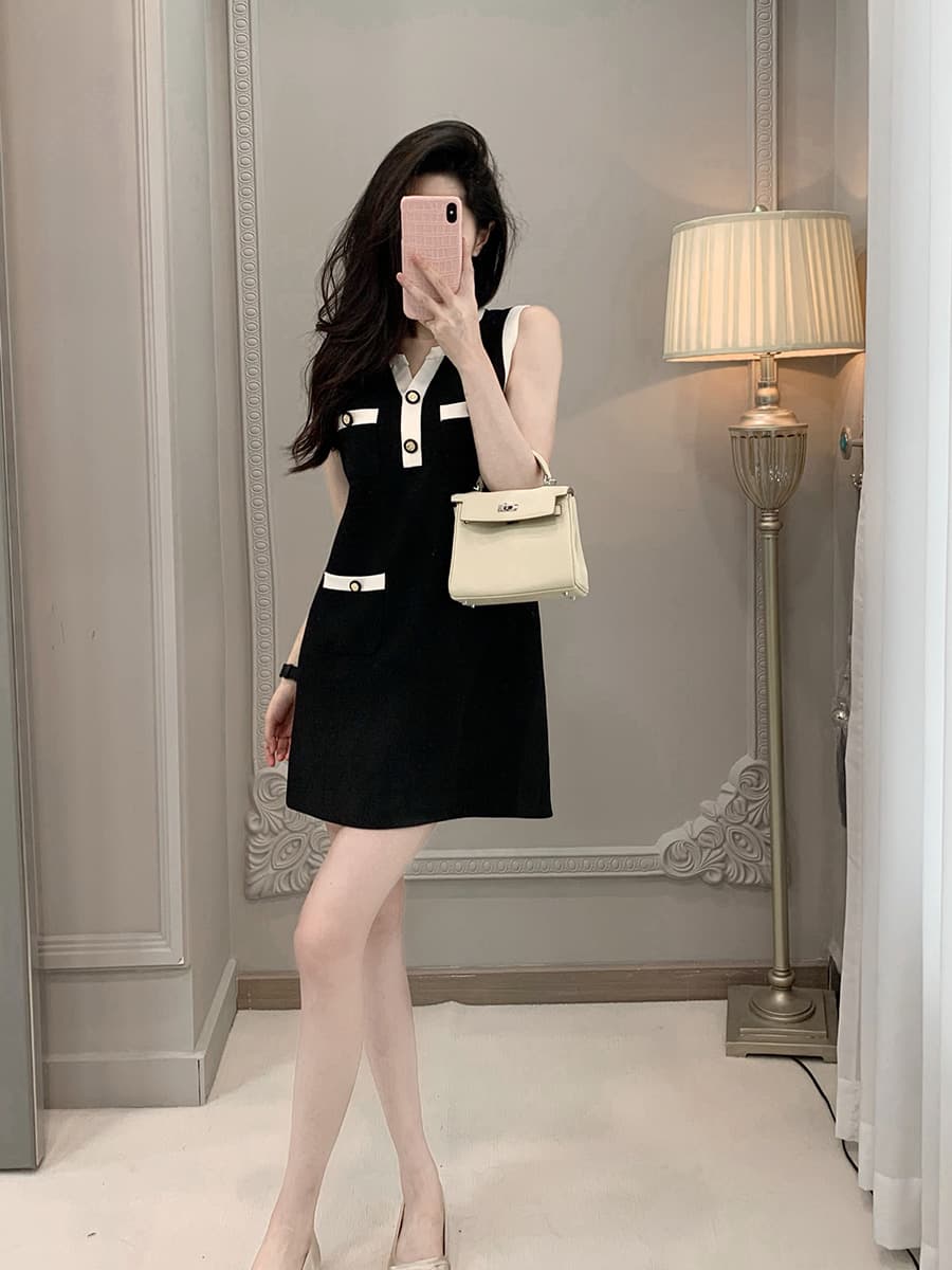 프랑스식 작은 샤넬 스타일 민소매 니트 여성 드레스 부유 한 가족 천 골드 슬림해 보이는 품격 그는 벤 바람 한 마디 조끼 스커트 상세 이미지 7