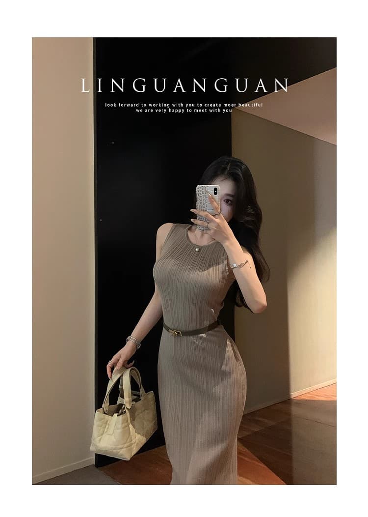 린 닫기 부드러운 한 부서 품격 몸매 가꾸기 민소매 니트 조끼 원피스 타이트 스커트 치마 프랑스식 허리 수축 롱 스커트 상세 이미지 22
