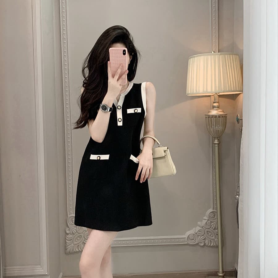 프랑스식 작은 샤넬 스타일 민소매 니트 여성 드레스 부유 한 가족 천 골드 슬림해 보이는 품격 그는 벤 바람 한 마디 조끼 스커트