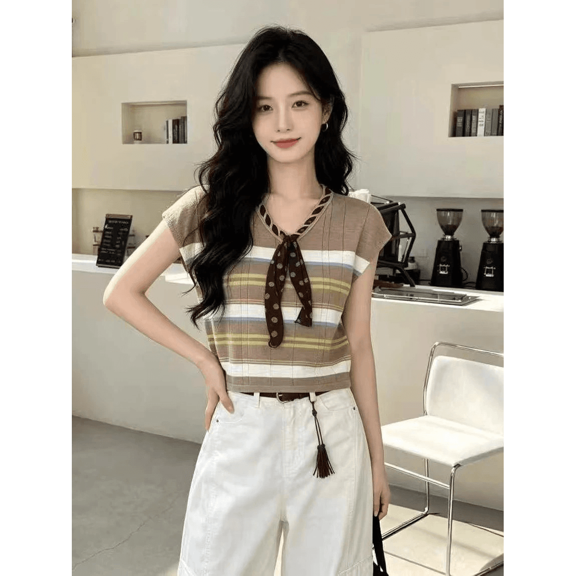 레트로 패션 스트라이프 V넥 스카프 레이스업 니트 스웨터 여성 여름 얇은 스타일 외국 가스 민소매 스택 착용 조끼 맨위 이미지 6