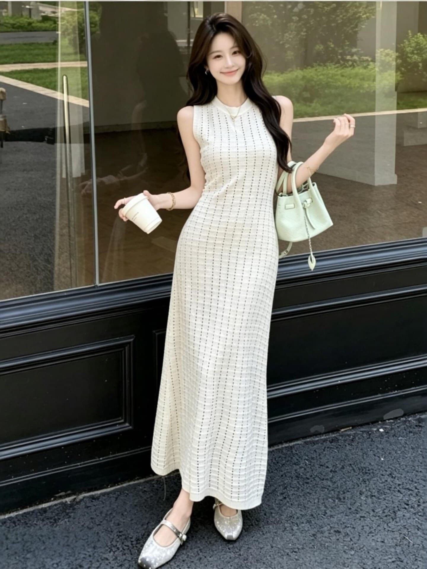 한국 품격 숙녀 부드러운 작은 샤넬 스타일 홀로우 아웃 조끼 얼음 실크 드레스 프랑스식 유럽과 미국 ol 고급 센스 롱 스커트 상세 이미지 4