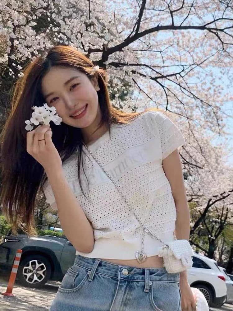 한국 여덟 우유 여름 레트로 몸매 가꾸기 슬림해 보이는 레이스 라운드 넥 알파벳 홀로우 아웃 자카드 니트 반팔 맨위 상세 이미지 10
