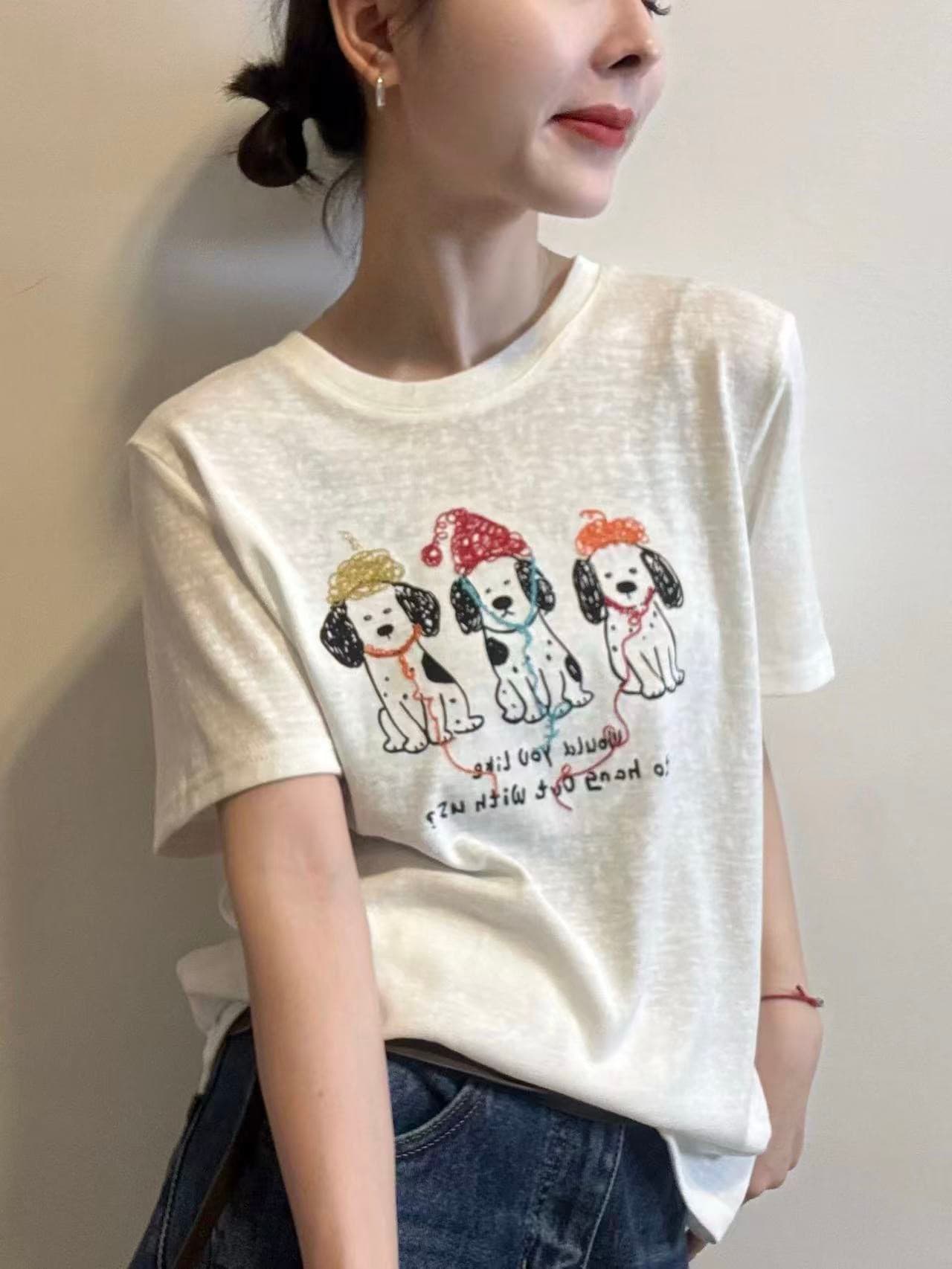 만화 귀여운 모자 착용 강아지 프린트 반팔 티셔츠 여성 여름 새로운 라운드 넥 동정 기본 셔츠 인사이드 잡아라. 의류 상세 이미지 1