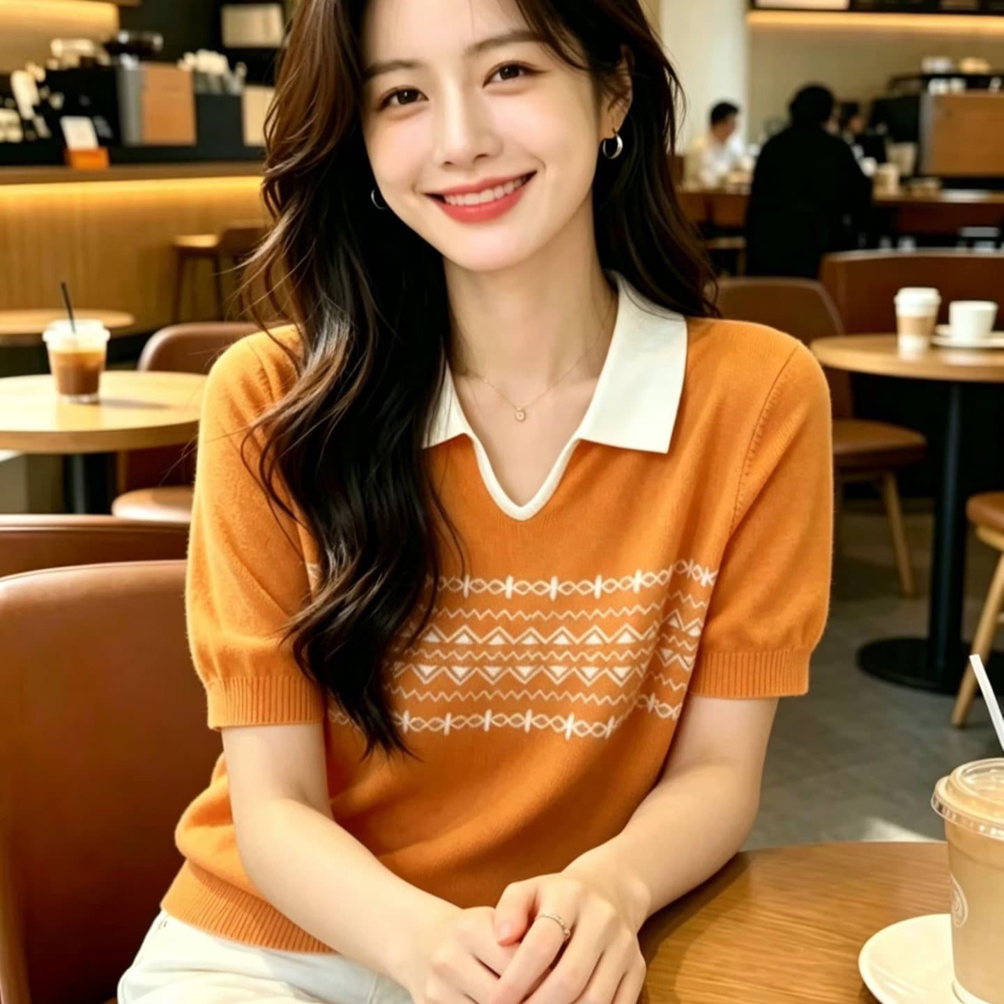 여름 POLO 칼라 니트 여성 의류 반팔 루즈핏 폴로 칼라 패치워크 색상 다용도 얇은 스타일 슬림해 보이는 맨위 티셔츠 기본 셔츠 이미지 5