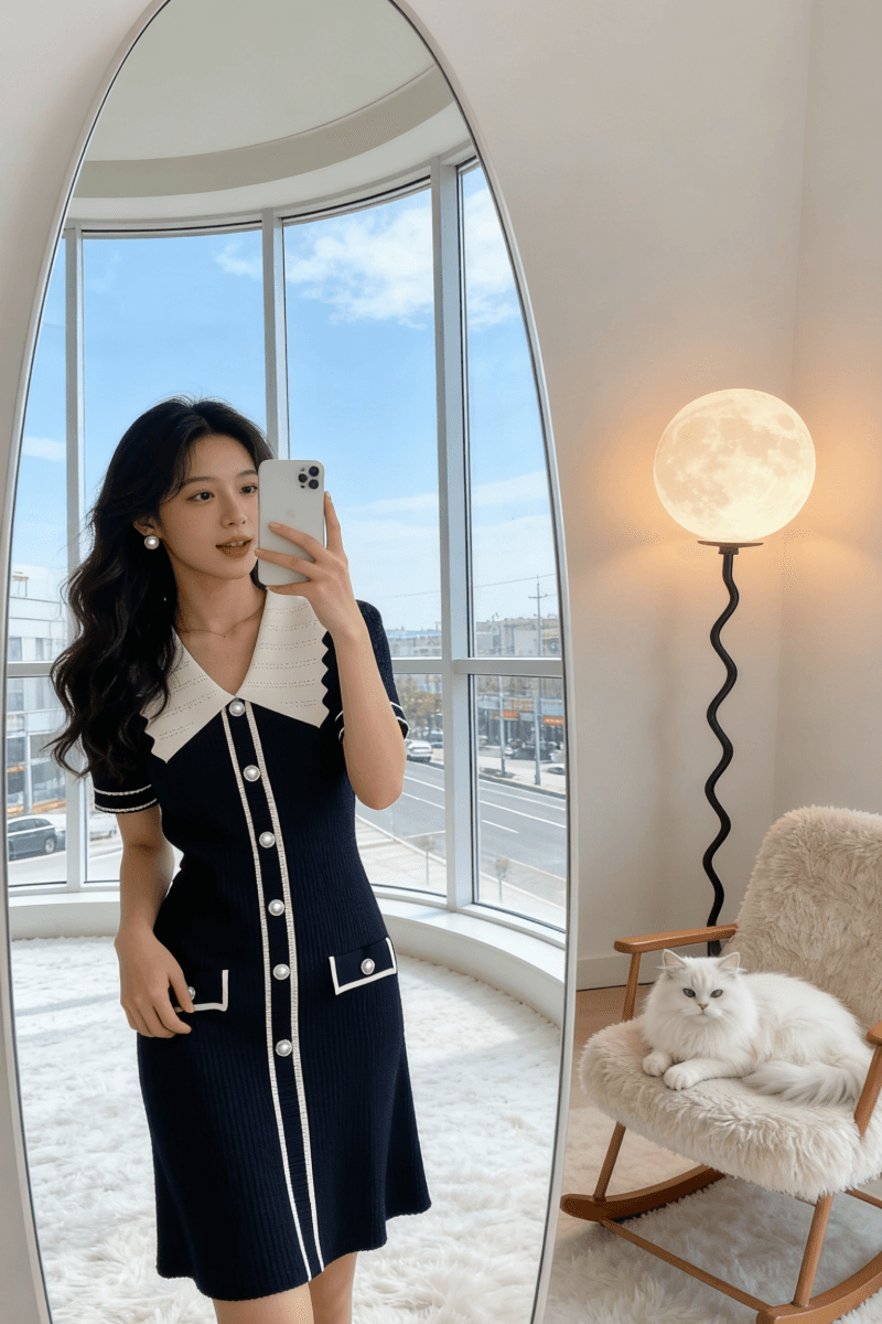 프랑스식 달콤한 매운맛 바람 배색 빅 칼라 니트 원피스 허리 수축 슬림해 보이는 품격 타이트 스커트 미니 스커트 여성 2026 봄 여름 새로운 상세 이미지 2