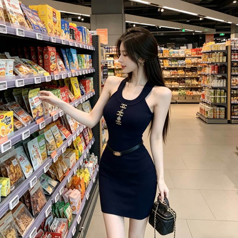 있음 선적 프랑스식 행침 목 여성 드레스 여름 몸매 가꾸기 슬림해 보이는 파란색 타이트 스커트 순수한 욕망 바람 핫걸 이미지 3