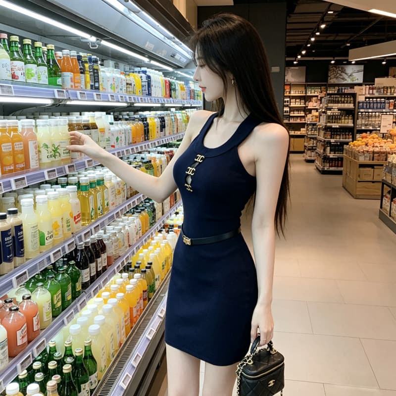 있음 선적 프랑스식 행침 목 여성 드레스 여름 몸매 가꾸기 슬림해 보이는 파란색 타이트 스커트 순수한 욕망 바람 핫걸 상세 이미지 4