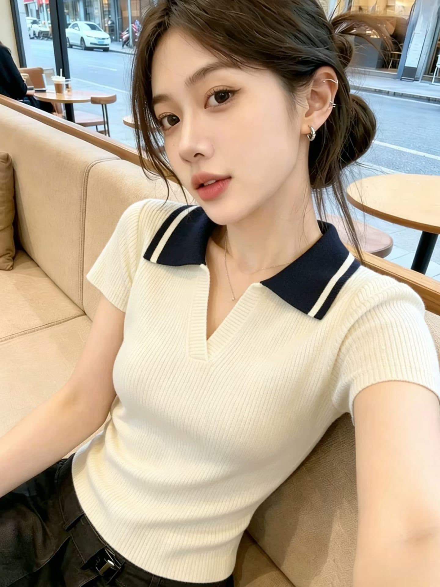 한국 스타일 고급 센스 패치워크 색상 POLO 칼라 반팔 니트 스웨터 여성 여름 새로운 패션 Chic 캐주얼 다용도 맨위