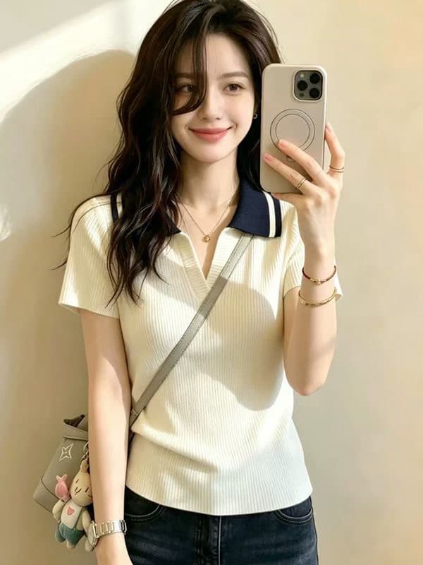 한국 스타일 고급 센스 패치워크 색상 POLO 칼라 반팔 니트 스웨터 여성 여름 새로운 패션 Chic 캐주얼 다용도 맨위 이미지 3