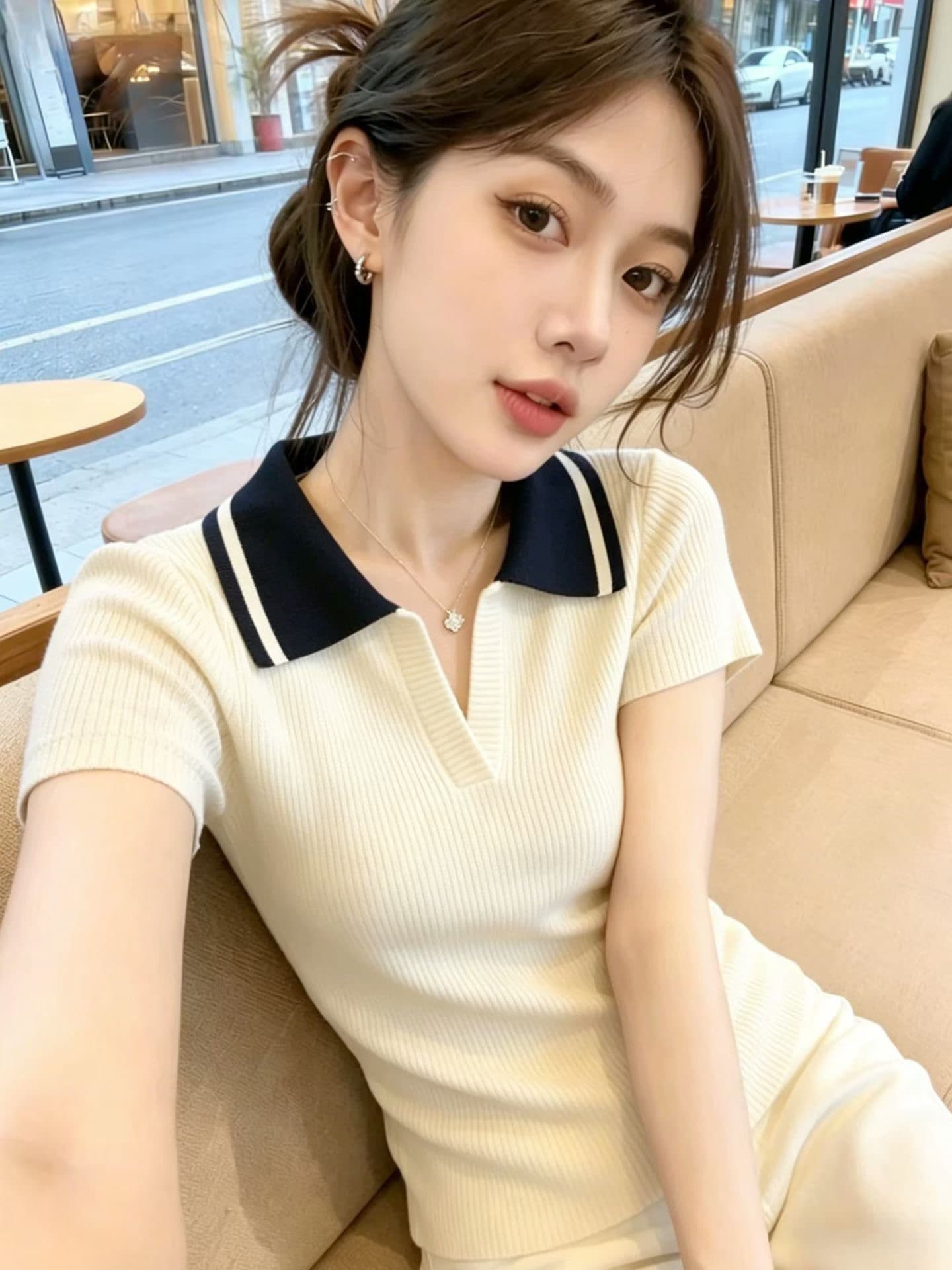 한국 스타일 고급 센스 패치워크 색상 POLO 칼라 반팔 니트 스웨터 여성 여름 새로운 패션 Chic 캐주얼 다용도 맨위 상세 이미지 5