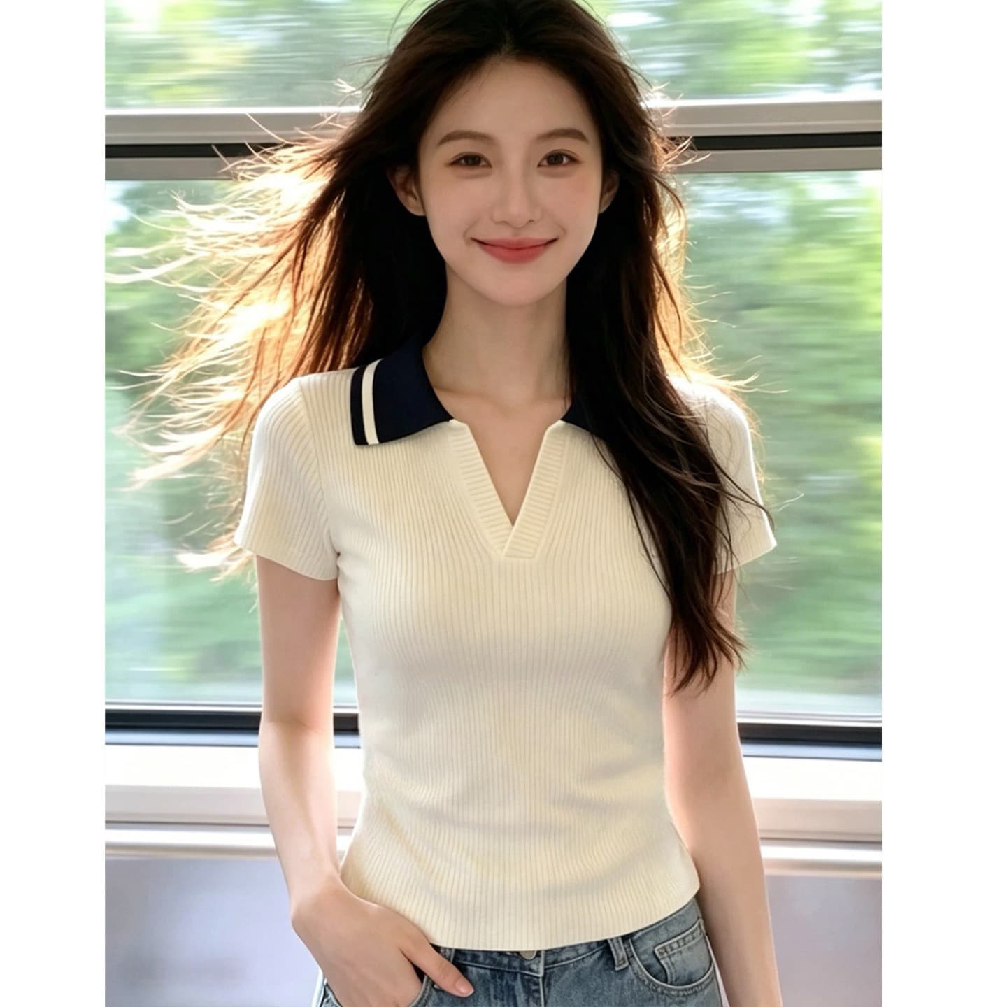한국 스타일 고급 센스 패치워크 색상 POLO 칼라 반팔 니트 스웨터 여성 여름 새로운 패션 Chic 캐주얼 다용도 맨위 상세 이미지 7