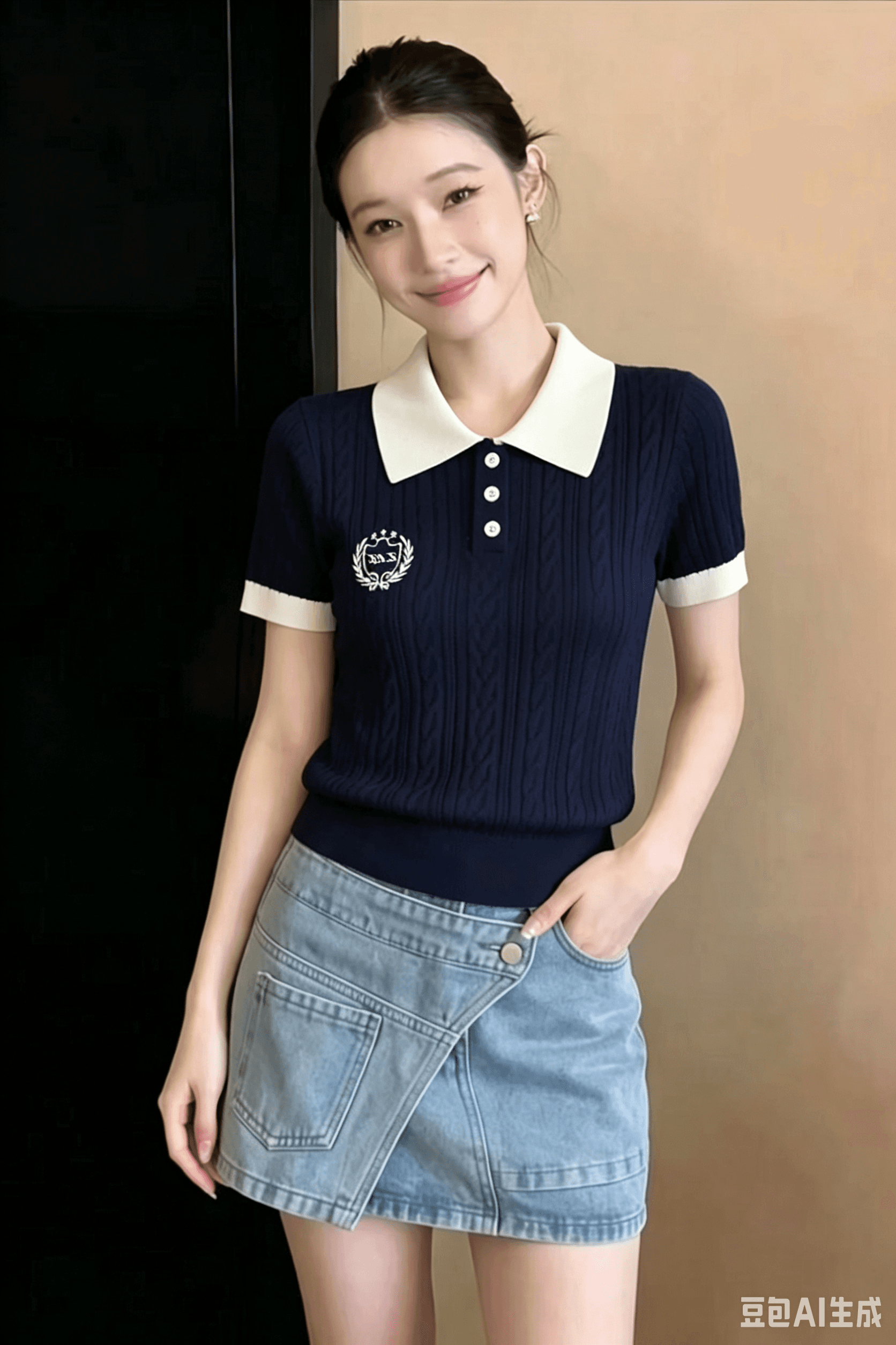 한 부서 배색 POLO 칼라 반팔 니트 스웨터 여성 의류 2026 여름 새로운 꽈배기 자수 몸매 가꾸기 화이트 맨위 이미지 3