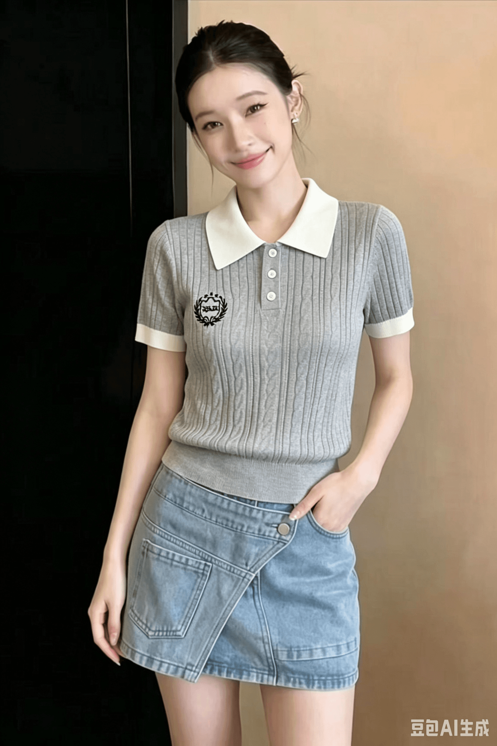 한 부서 배색 POLO 칼라 반팔 니트 스웨터 여성 의류 2026 여름 새로운 꽈배기 자수 몸매 가꾸기 화이트 맨위 상세 이미지 2
