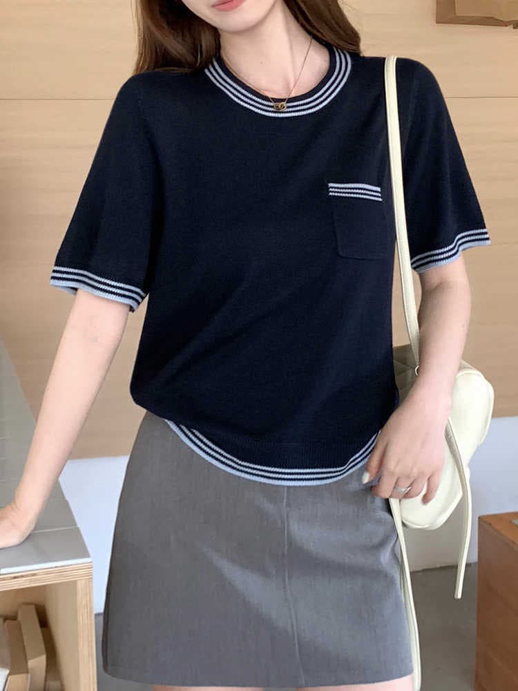 한 부서 미니멀리즘 배색 라운드 넥 디자인 센스 니트 티셔츠 여성 여름 캐주얼 다용도 슬림해 보이는 반팔 인사이드 잡아라. 의류 상세 이미지 1