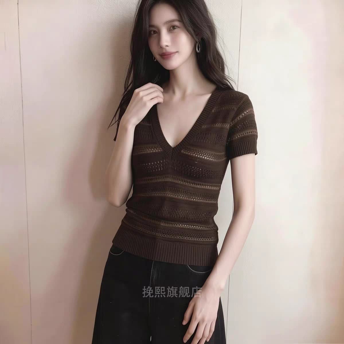 고급 사소한 레트로 커피 색상 V넥 반팔 티셔츠 여성 여름 외국 가스 허리 수축 슬림해 보이는 얼음 실크 니트 작은 셔츠 맨위 상세 이미지 10