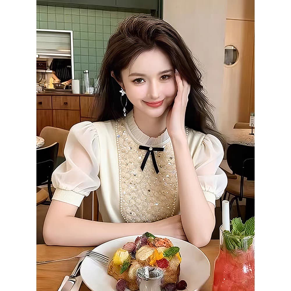 광저우 열세 개 높음 물품 스팽글 망사 패치워크 니트 스웨터 여성 여름 작은 대중 고유 한 거품 소매 다용도 맨위 상세 이미지 5