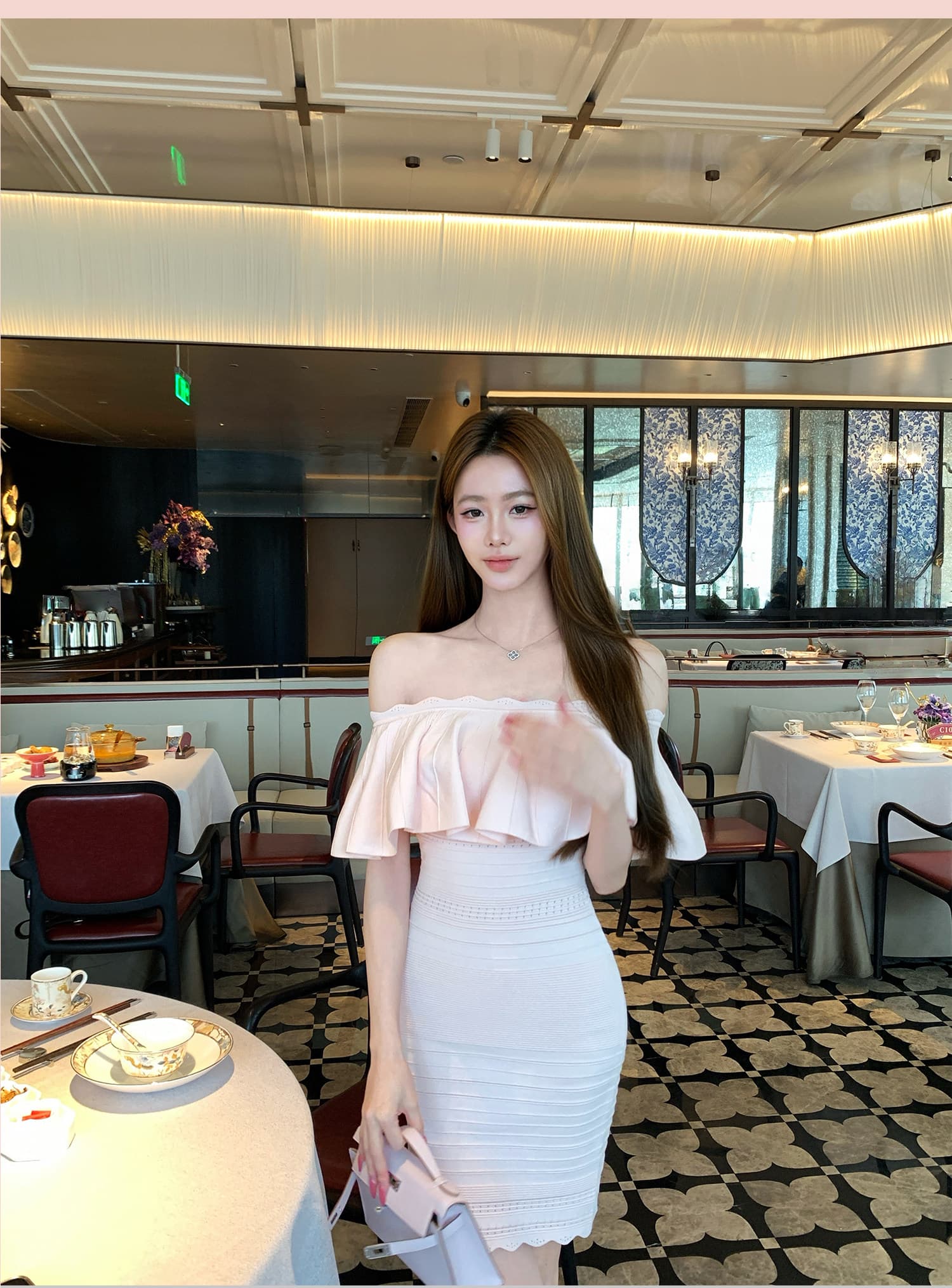 한국 스타일 품격 슬림해 보이는 허리 수축 프릴 니트 슬립 타이트 스커트 드레스 상세 이미지 17