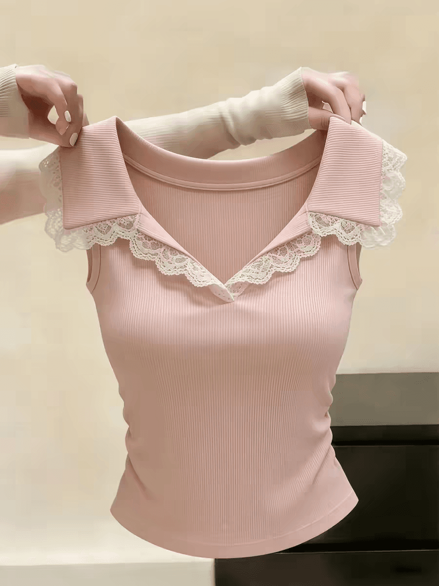 고급 센스 레이스 레이스 패치워크 폴로 칼라 민소매 니트 스웨터 여성 여름 새로운 고유 한 슈퍼 잘 생긴 아름다운 맨위 이미지 4