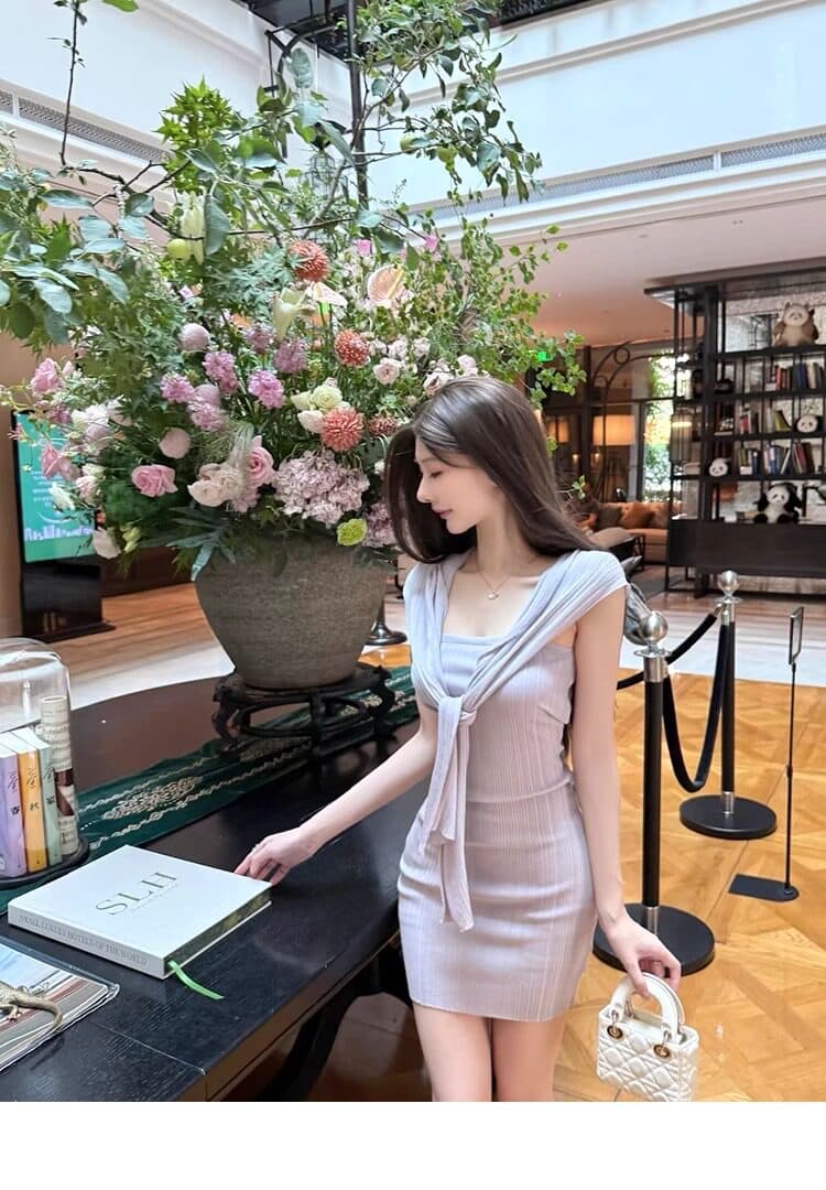 작은 샤넬 스타일 여름 새로운 기타 착용 법 니트 여성 드레스 디자인 센스 오프숄더 몸매 가꾸기 품격 타이트 스커트 미니 스커트 상세 이미지 1