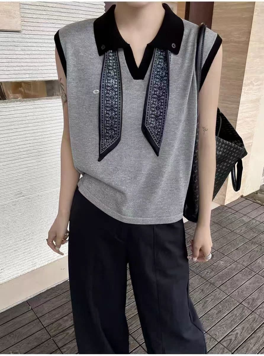 작은 폴로 칼라 단추 경기 스카프 레이스업 니트 스웨터 여성 2025 새로운 폭발 여름 얇은 스타일 민소매 조끼 맨위 상세 이미지 2