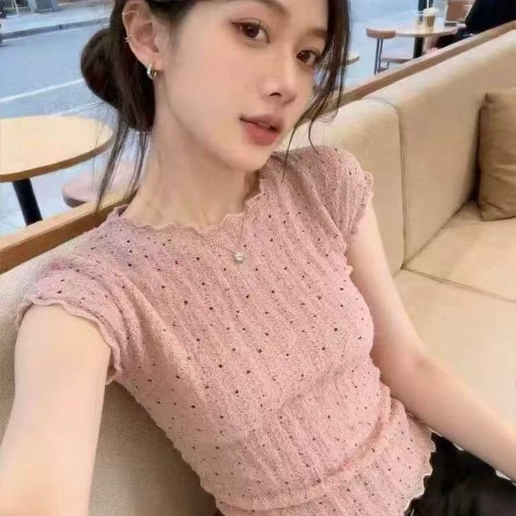 한 부서 프릴 도트 무늬 작은 날다 소매 티셔츠 여성 2026 여름 새로운 달콤함 부드러운 찹쌀 슬림해 보이는 다용도 맨위 이미지 4