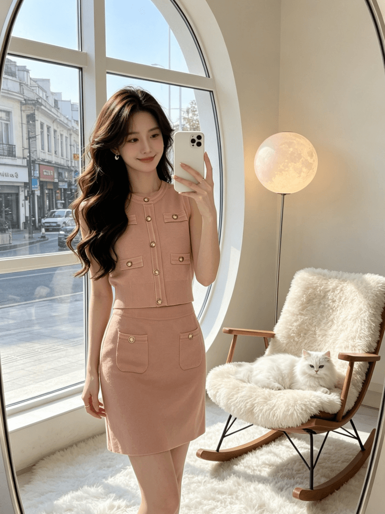 복숭아 직접 만든 우유 가스 천 골드 높은 품질 가져 오기 기계직 한 부서 민소매 품격 더블 노래 니트 세트 이미지 4