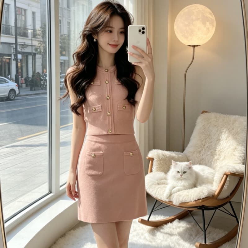 복숭아 직접 만든 우유 가스 천 골드 높은 품질 가져 오기 기계직 한 부서 민소매 품격 더블 노래 니트 세트 이미지 5