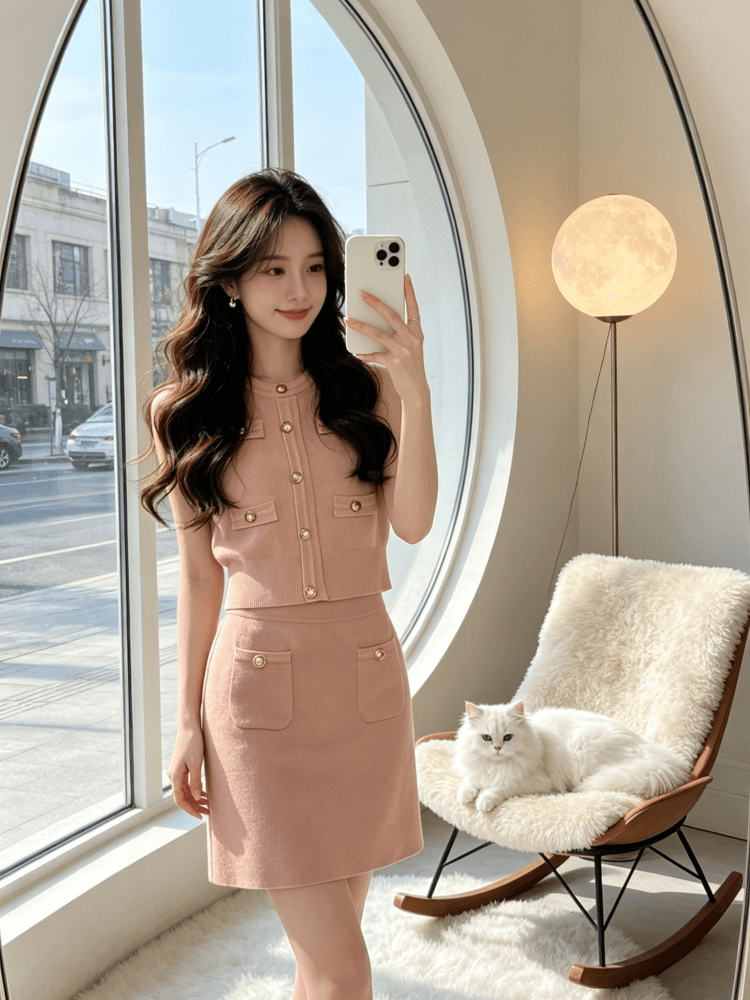 복숭아 직접 만든 우유 가스 천 골드 높은 품질 가져 오기 기계직 한 부서 민소매 품격 더블 노래 니트 세트 상세 이미지 6