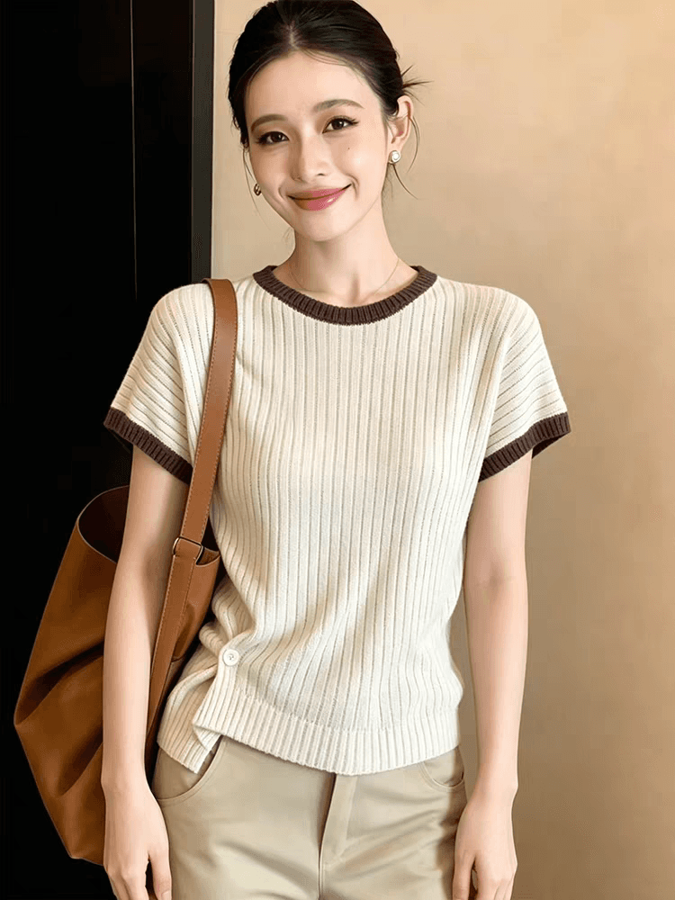 2026 새로운 한 부서 배색 긍정적 인 어깨 반팔 티셔츠 여성 여름 연령 감소 슬림해 보이는 맨위 디자인 센스 니트 작은 셔츠 상세 이미지 8
